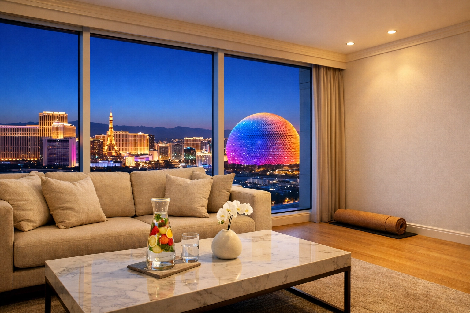 Serene smoke-free suite at MGM Signature with views of the Las Vegas Sphere