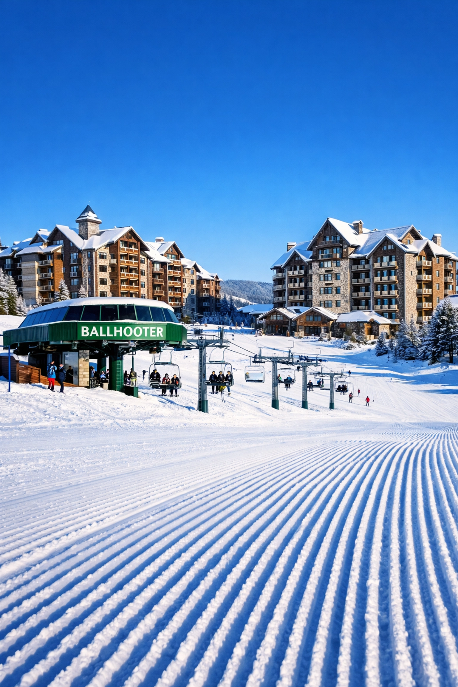 Snowshoe Mountain Village lodges and Ballhooter ski lift on a clear morning