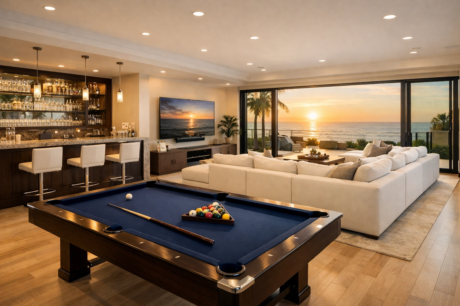 Game room with billiard table and ocean views