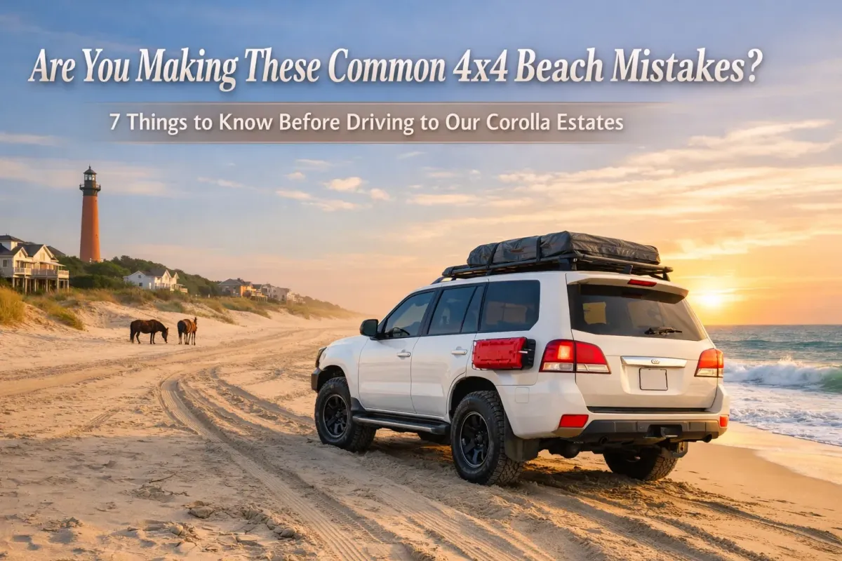 4WD SUV driving on the sand in Corolla NC toward a luxury oceanfront estate in the 4x4 beach area