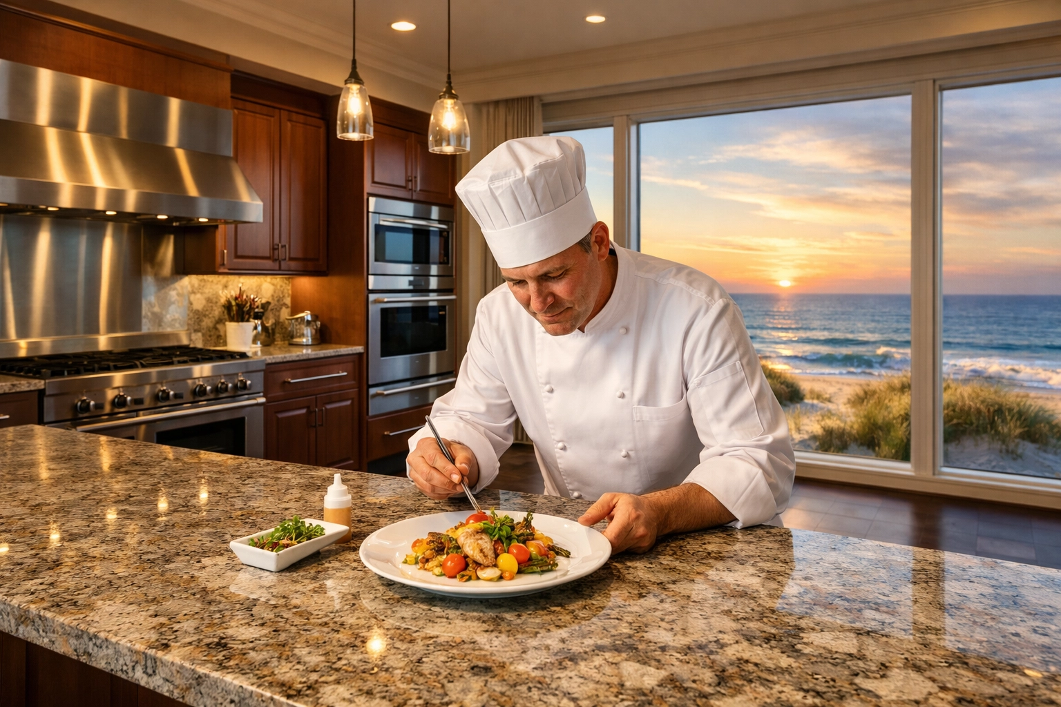 Private chef at work in a LuxStay USA oceanfront kitchen