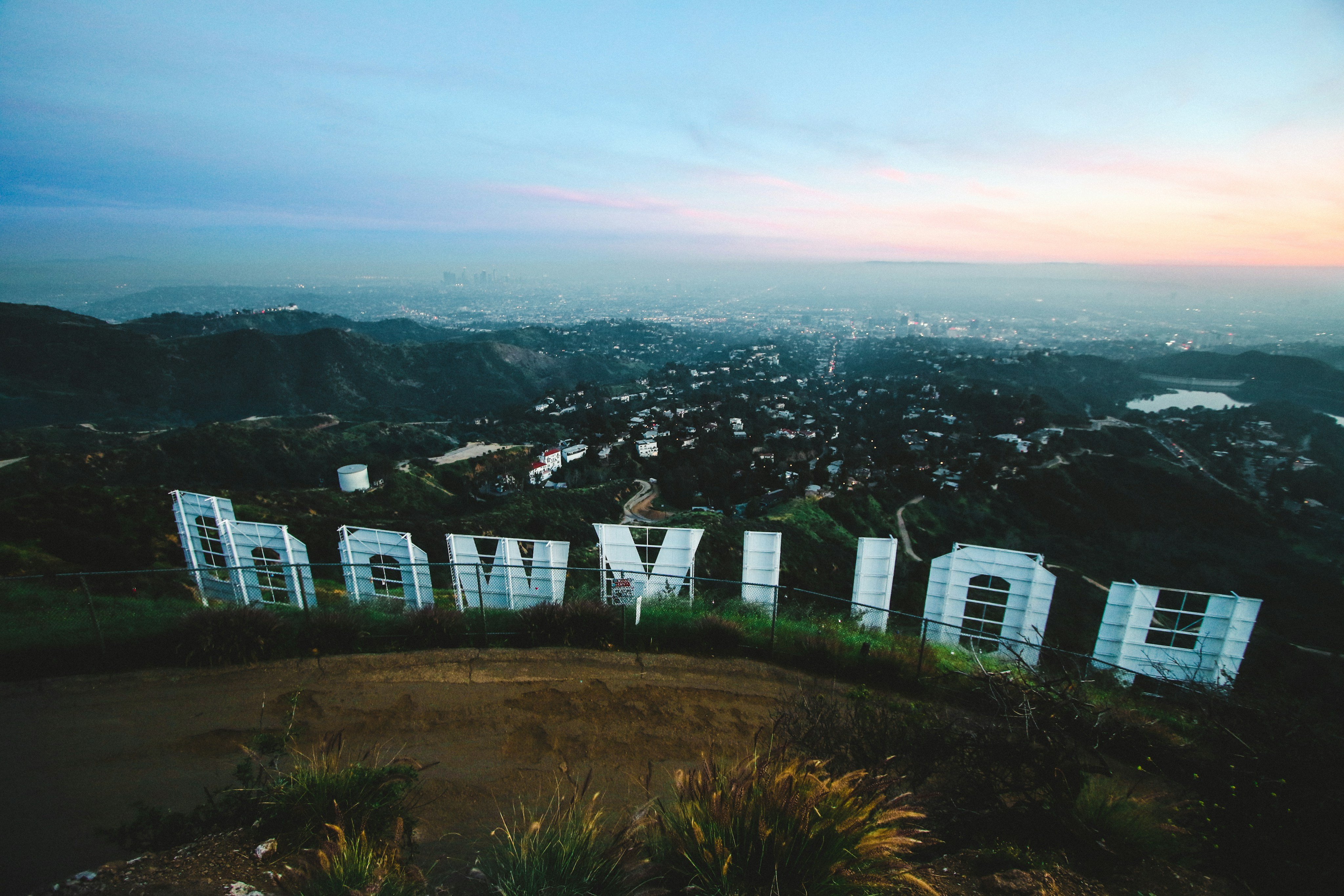 The Hollywood Hills at dusk, looking back over Los Angeles