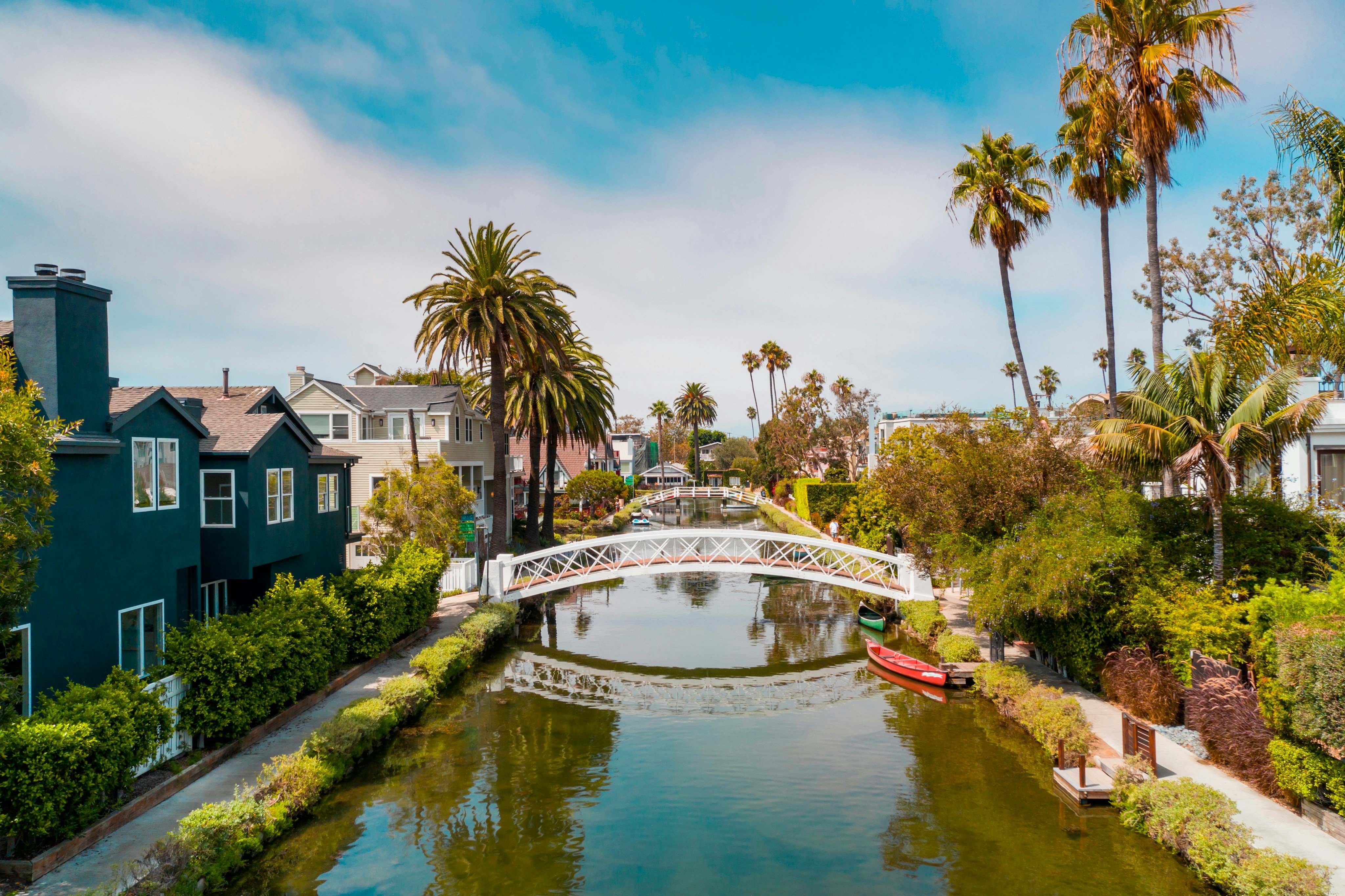 The Venice Canals footbridge, lined with palm trees and canal-side homes