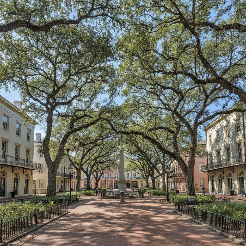 Wright Square in Savannah, Georgia, with live oaks and surrounding historic buildings on a clear morning