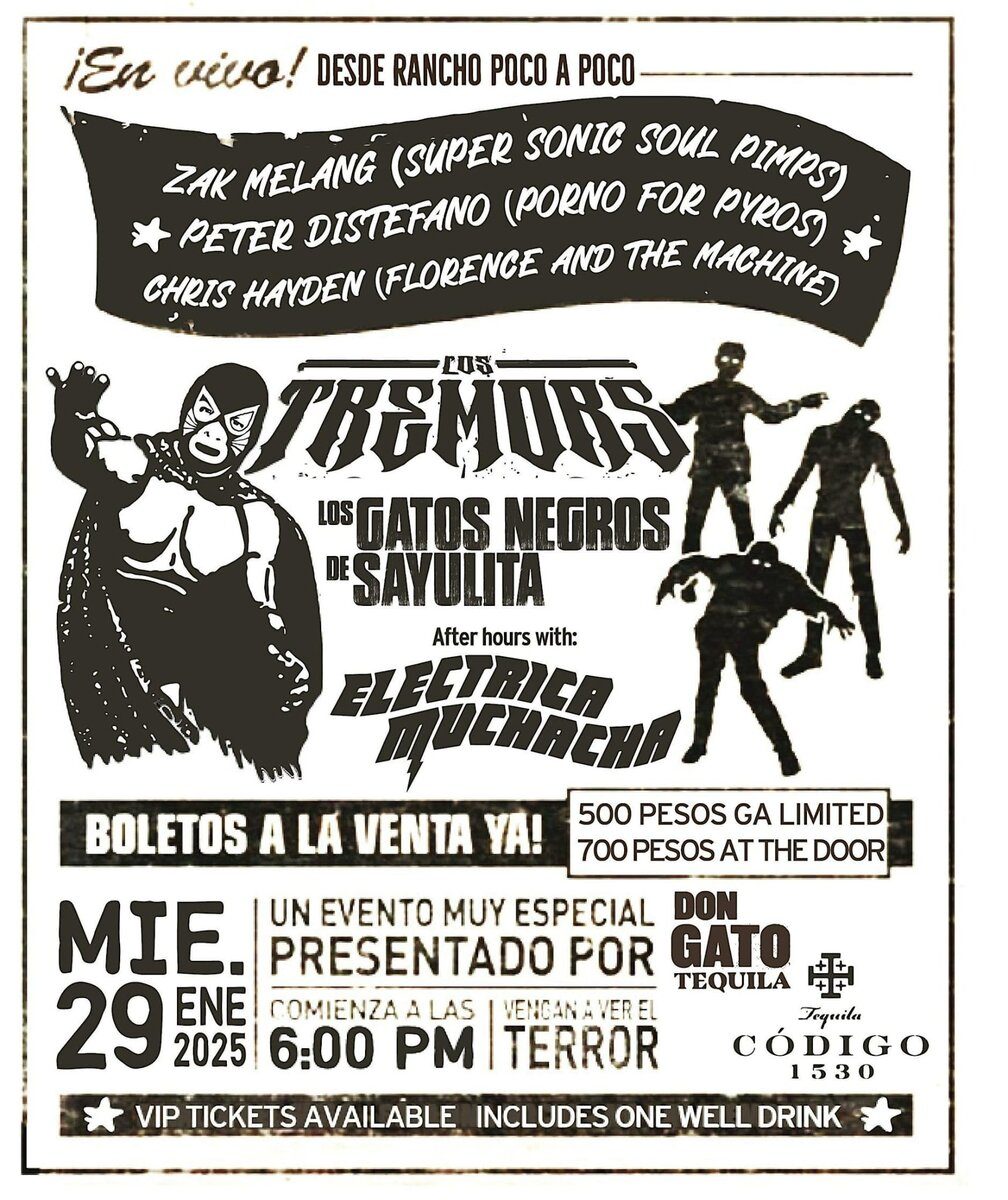 Official concert poster for The Tremors at Rancho Poco a Poco, Los Gatos Negros de Sayulita and Eléctrica Muchacha, January 29 2025