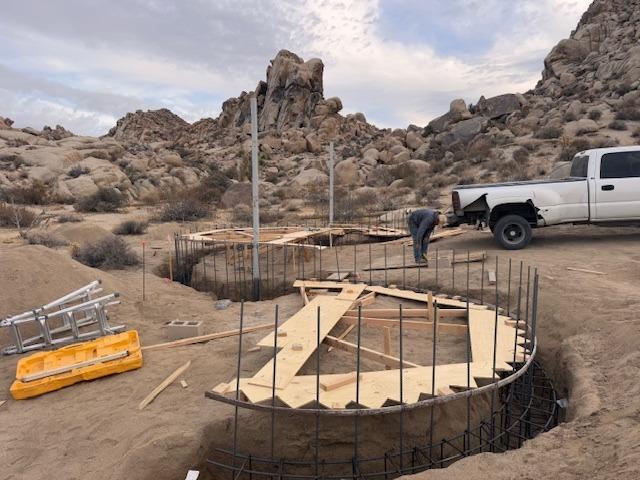 Circular rebar and plywood foundation forms in the desert