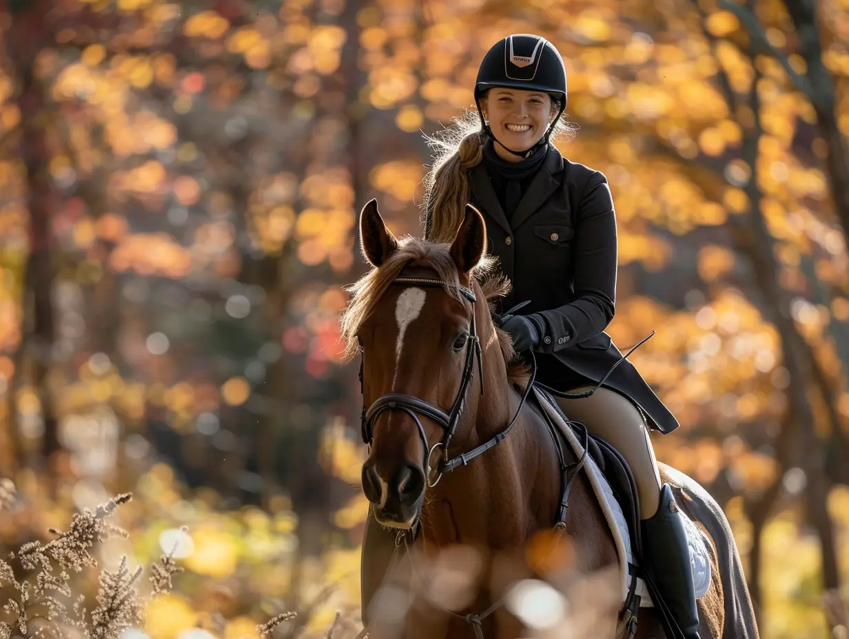 Smiling woman on a horse surrounded by colorful foliage.