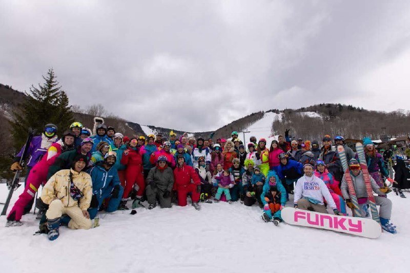 80s themed apres ski party at Killington with leg warmers headbands and neon