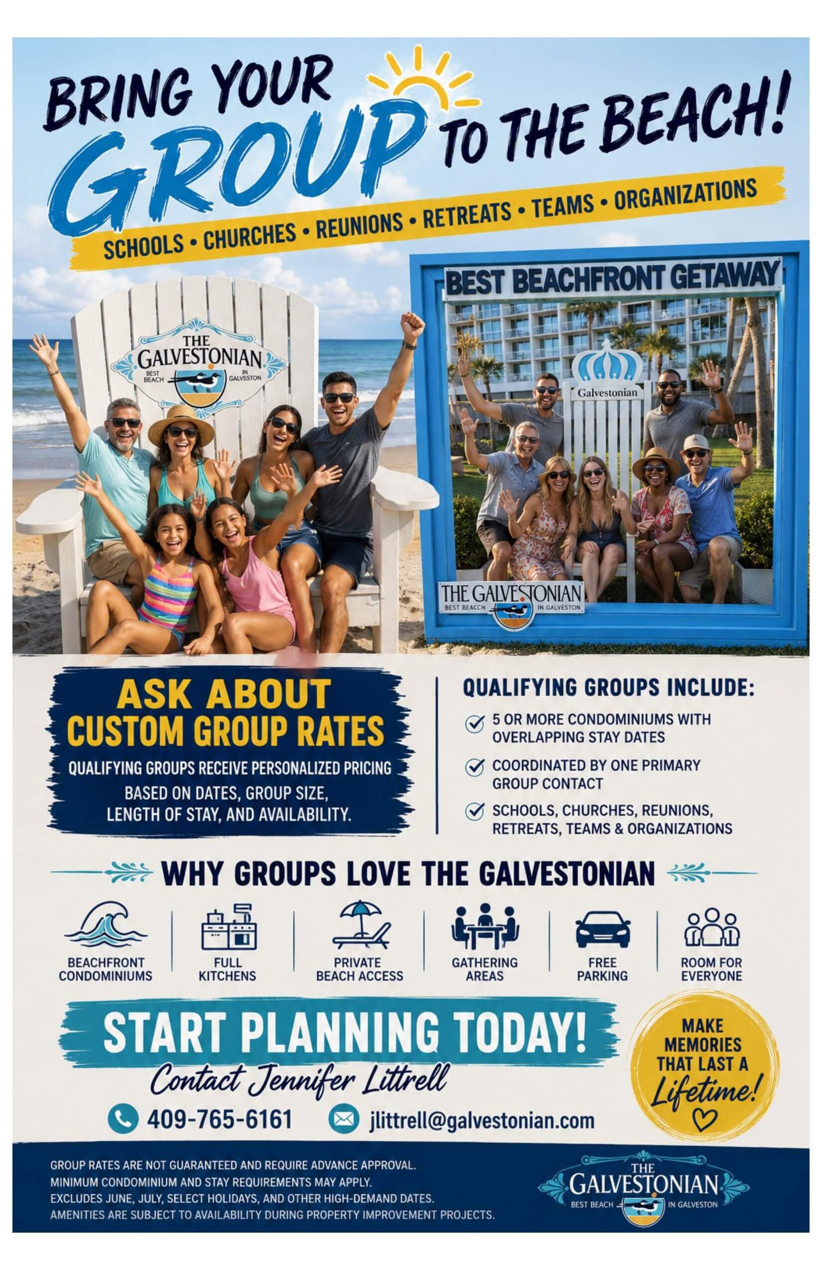 Group flyer for Galveston specials and events