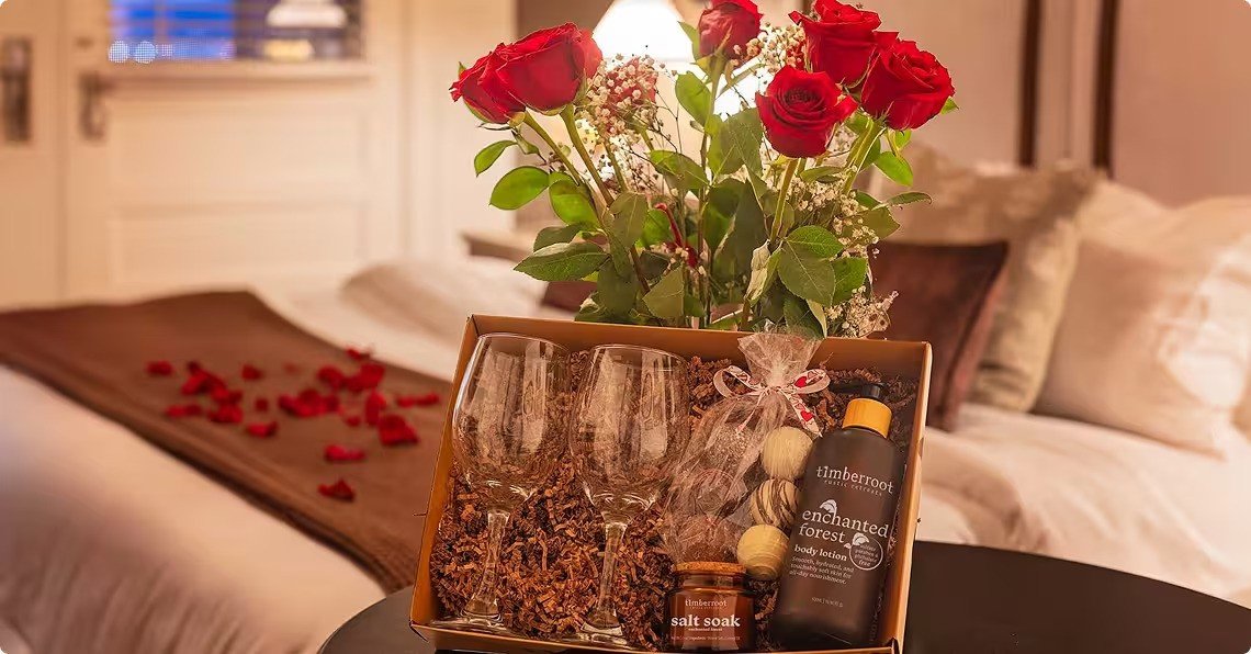 Timberroot Romance Package gift box with roses, wine glasses, truffles, and bath products