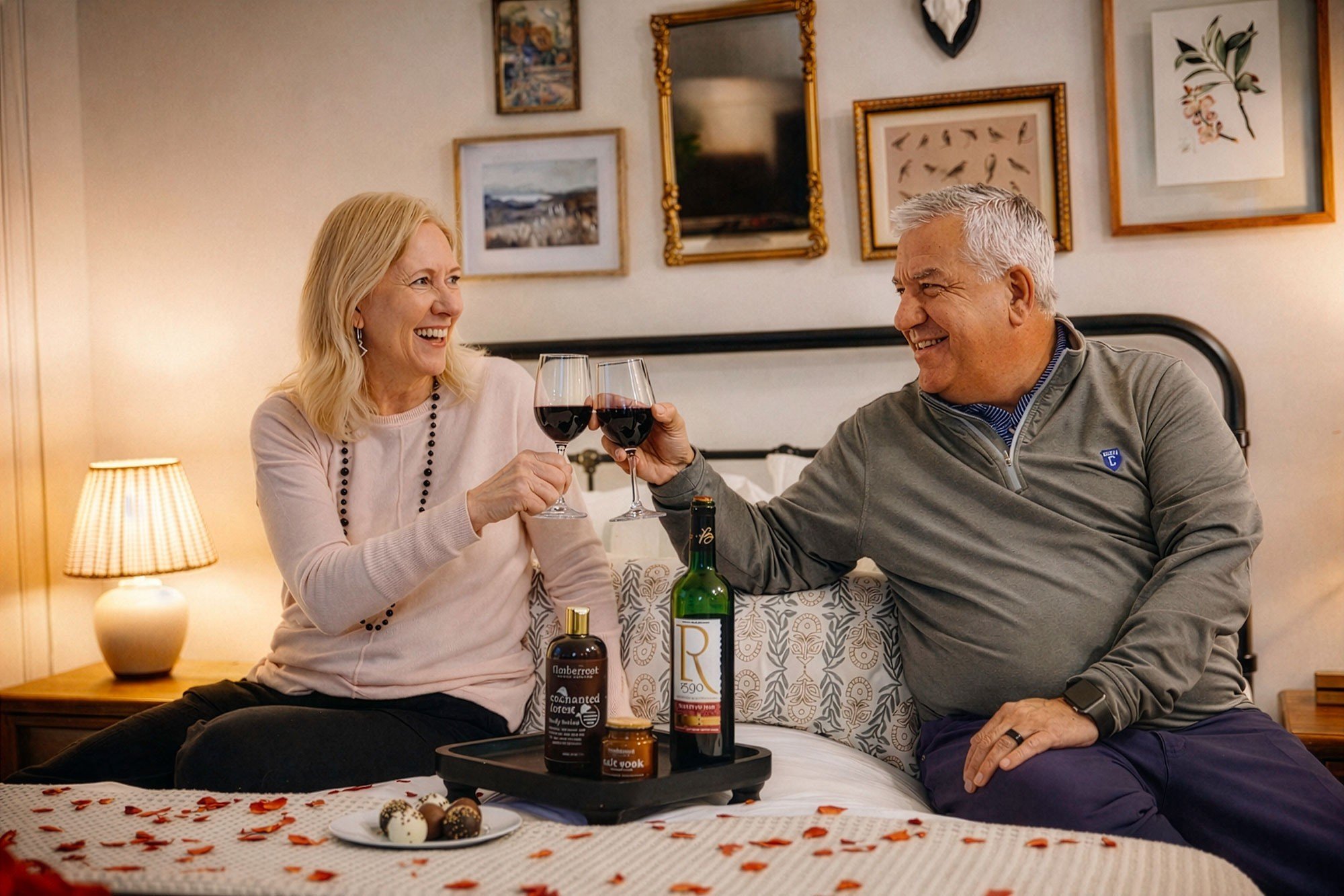 Couple toasting with red wine on a romantic glamping stay at Timberroot