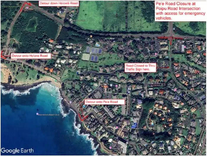 Traffic Detour Pe'e Rd Closure at Poipu Road February 2026