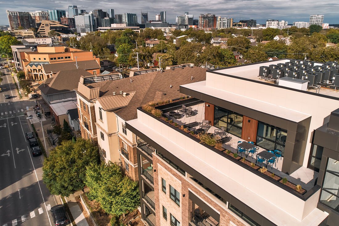 Aerial drone view of Music Row Nashville