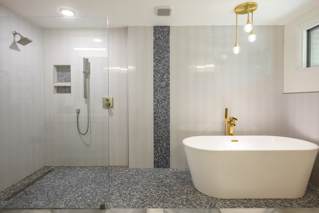Spa-like ensuite bathroom at Nashville midcentury modern home