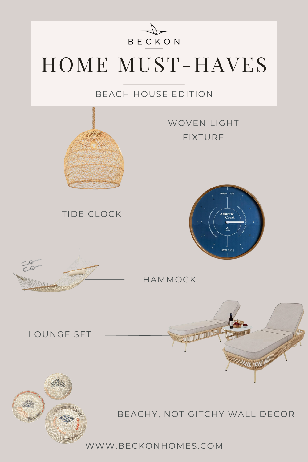 Beach house decor collection featuring lighting, clock, hammock, lounge set, and wall decor