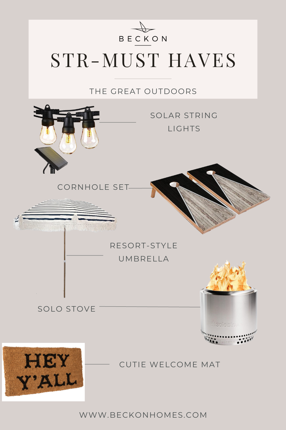 Outdoor accessories for short-term rentals including solar string lights, cornhole, umbrella, Solo Stove, and welcome mat