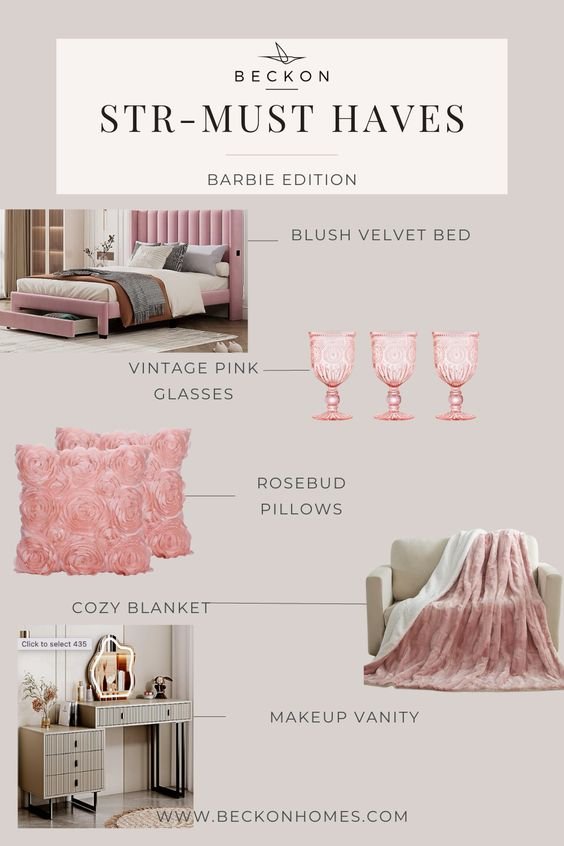 Barbie-inspired bedroom and lounge essentials including bed, glasses, pillows, blanket, and vanity