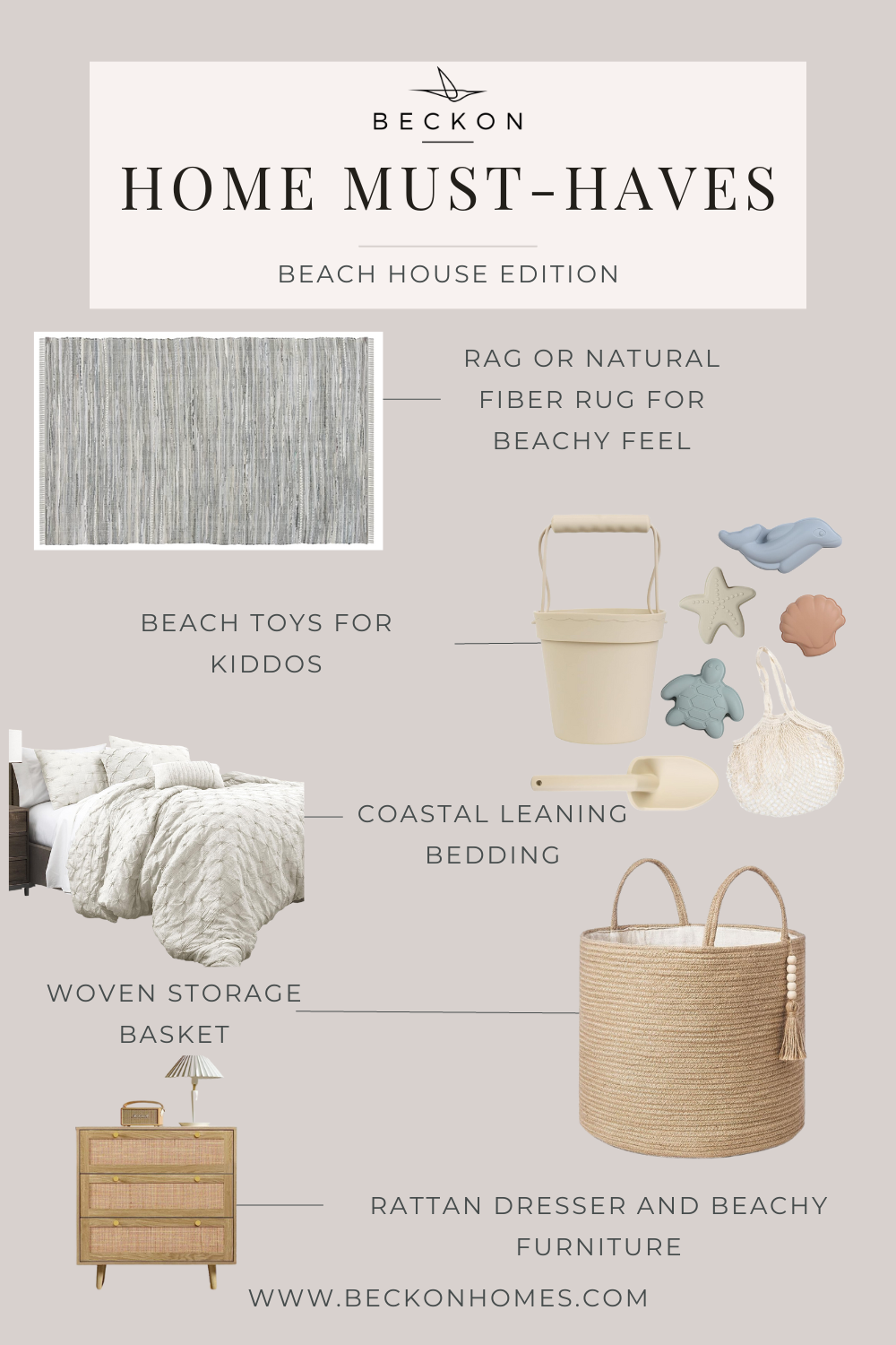 Beach house decor collection featuring rug, toys, bedding, basket, and dresser