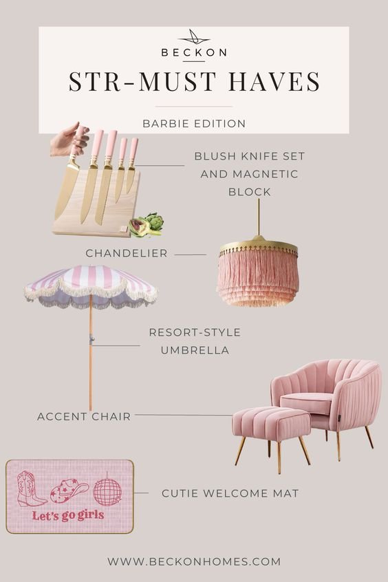 Barbie-inspired STR essentials including knife block, chandelier, umbrella, accent chair, and welcome mat