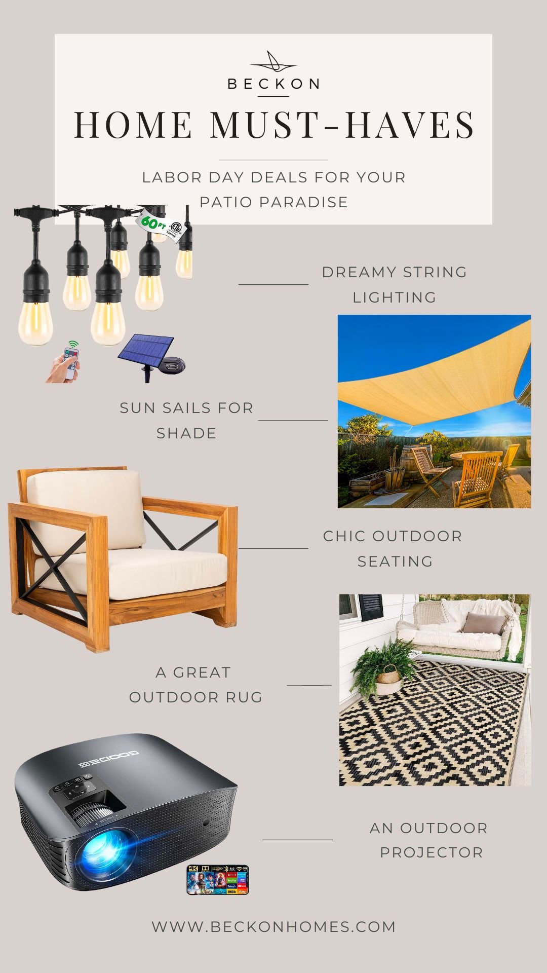Outdoor backyard setup with string lights and lounge furniture