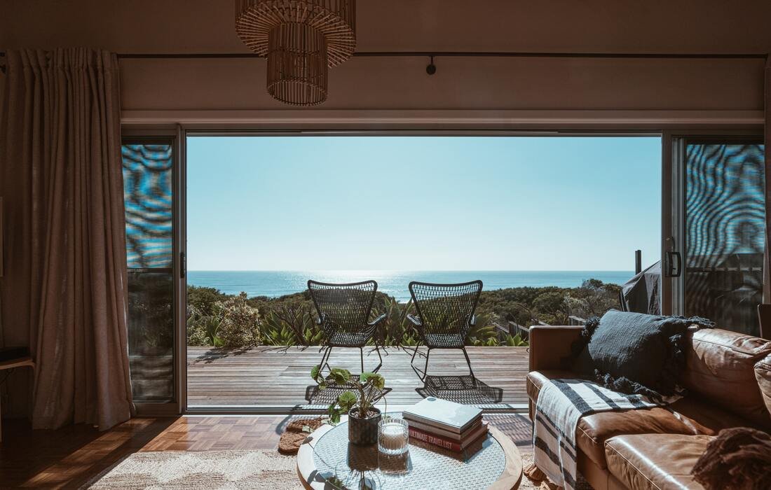Bright summer vacation rental living space ready for guests