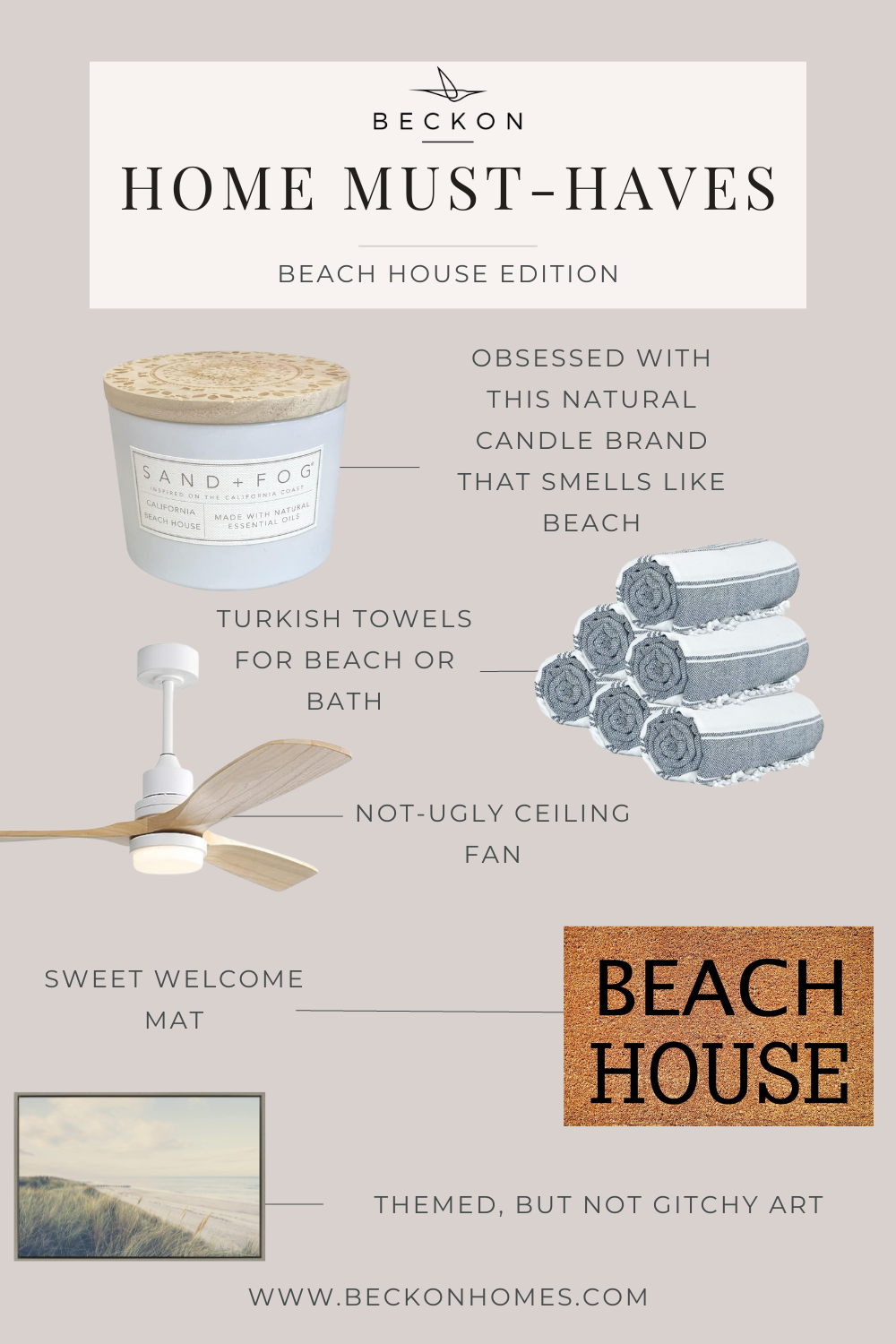 Beach house decor collection featuring candle, towel, fan, mat, and art