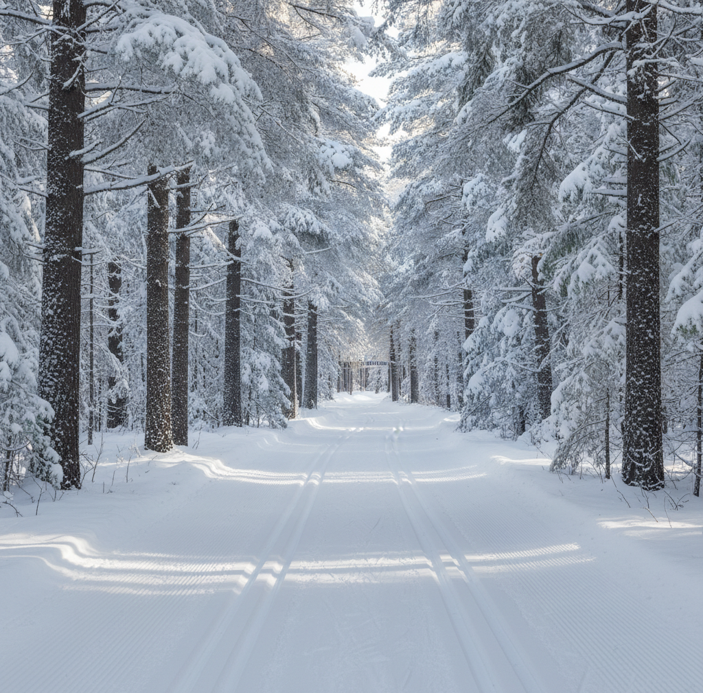 Groomed cross-country ski trail through snowy pines on the Vasa Pathway in the Pere Marquette State Forest near Traverse City in February