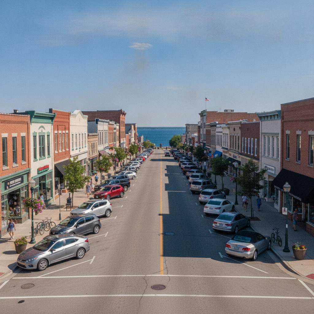 Front Street in downtown Traverse City, Michigan, on a clear summer afternoon with shopfronts and parked cars