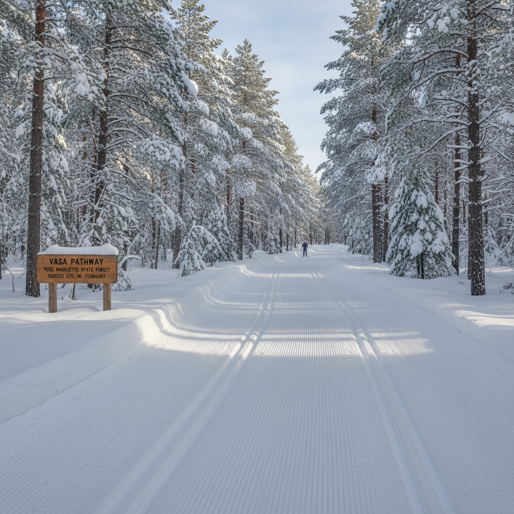 Groomed cross-country ski tracks running through snow-covered pines on the Vasa Pathway in the Pere Marquette State Forest near Traverse City in February