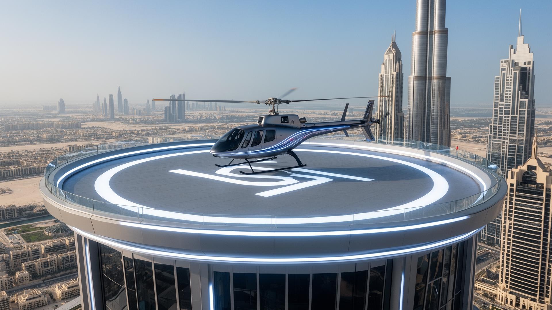 A futuristic vertiport landing pad on a Dubai rooftop