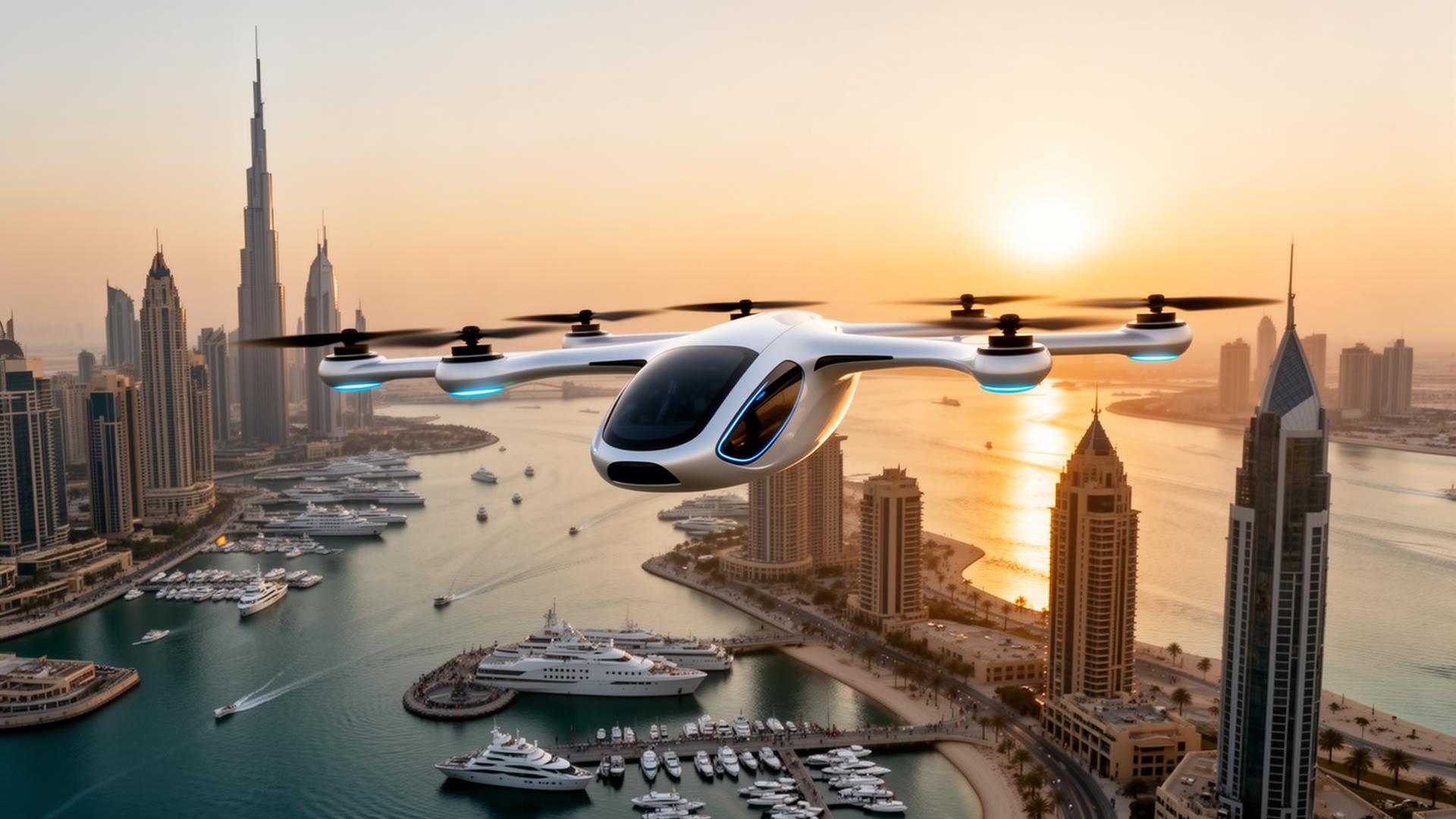 An electric air taxi soaring over Dubai Marina at sunset