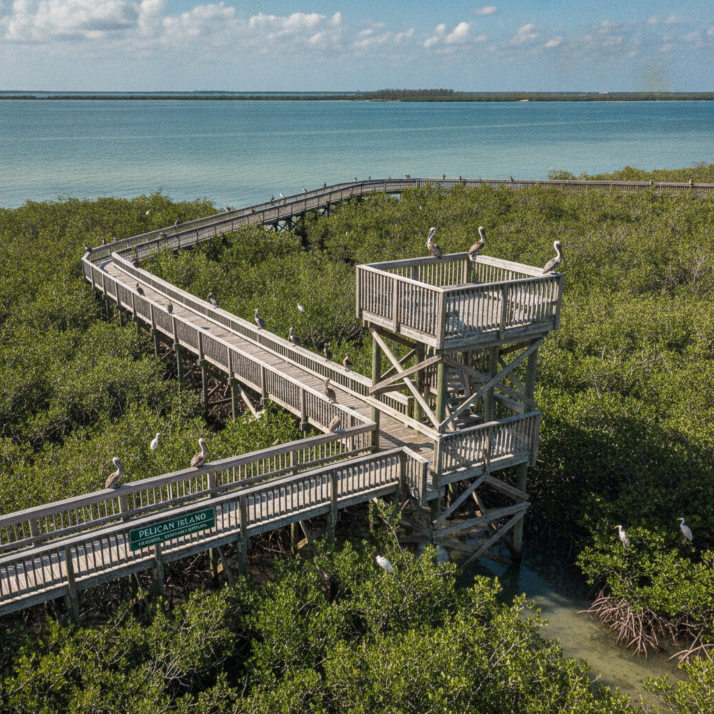 Observation tower and boardwalk overlooking the Indian River Lagoon at Pelican Island National Wildlife Refuge, Florida