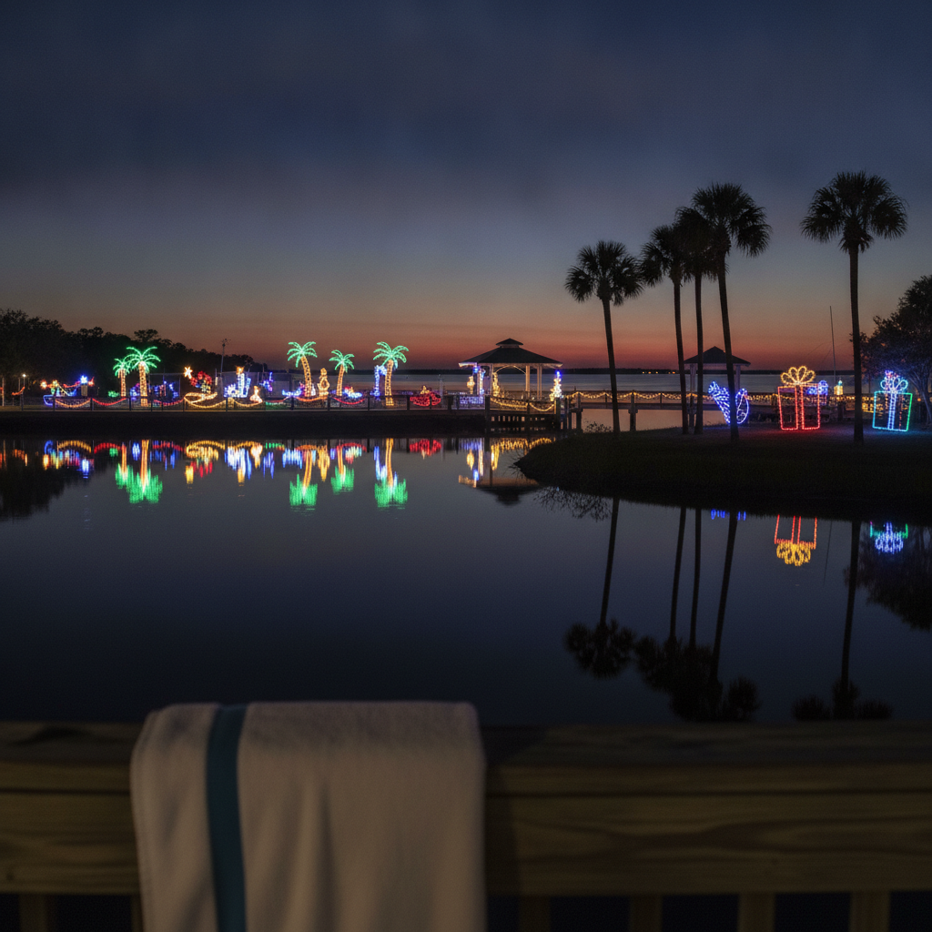 Holiday light displays glowing after dark along the waterfront at The Port District in Port St. Lucie, Florida, in December