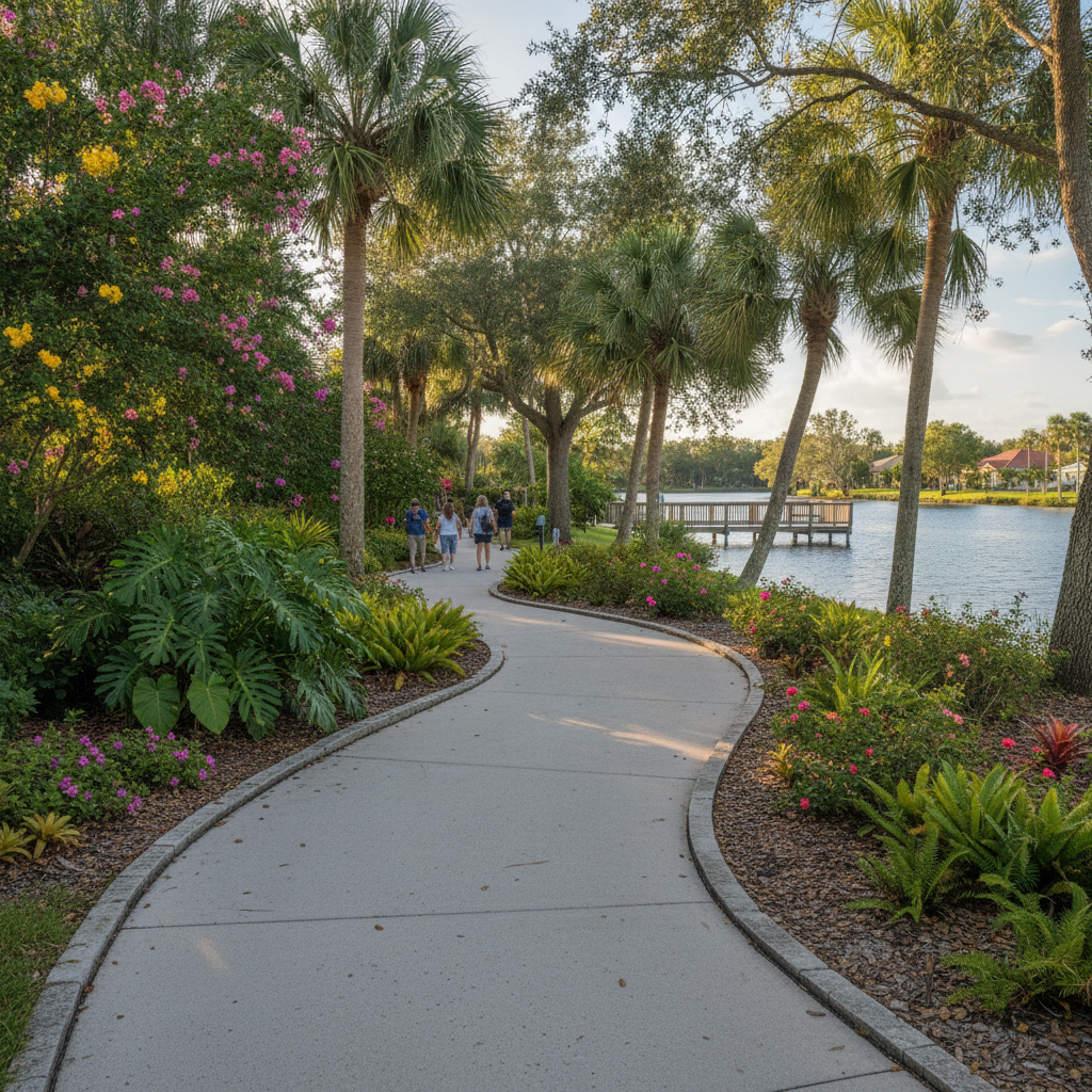 Paved walking path through subtropical plantings at the Port St. Lucie Botanical Gardens beside the North Fork of the St. Lucie River
