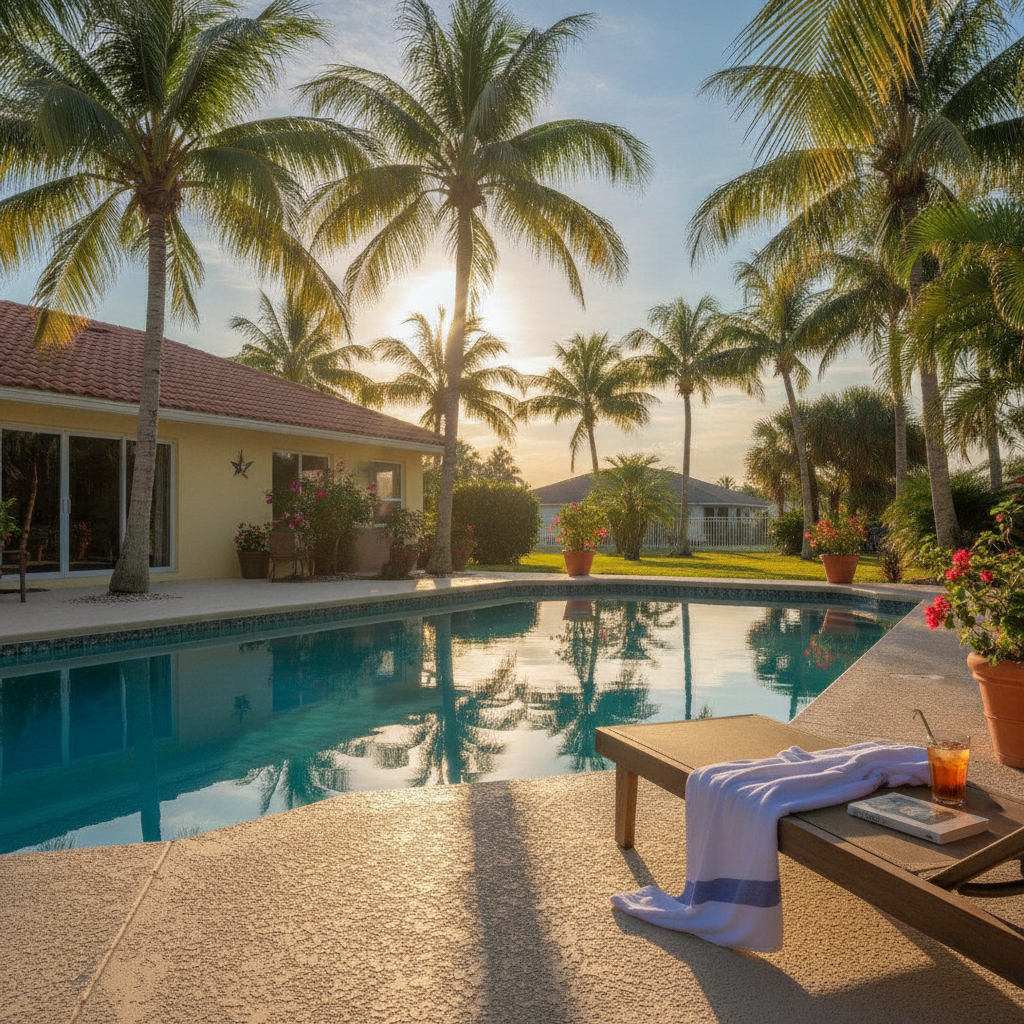 Outdoor pool and patio at a single-story Vero Beach, Florida vacation home on a sunny January afternoon