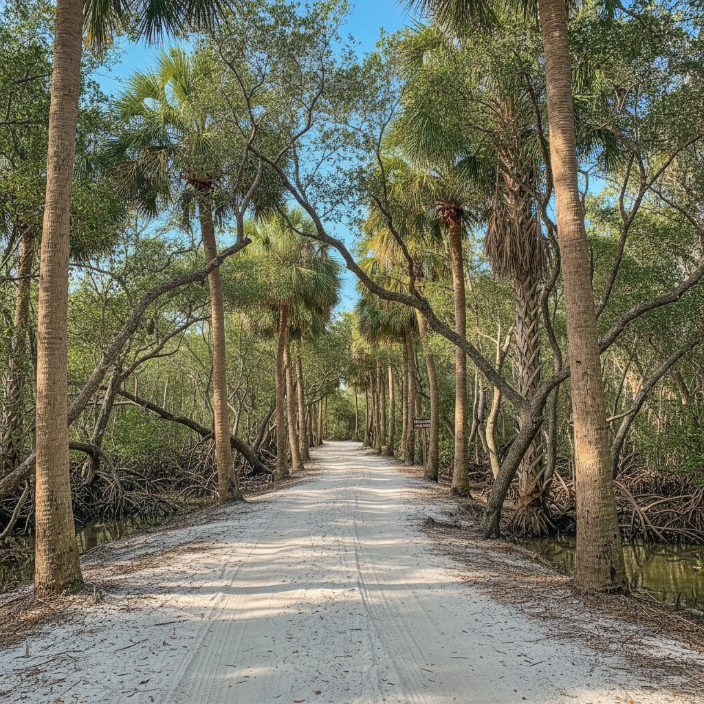 Sandy track running through cabbage palms and mangroves along the Historic Jungle Trail near Sebastian, Florida