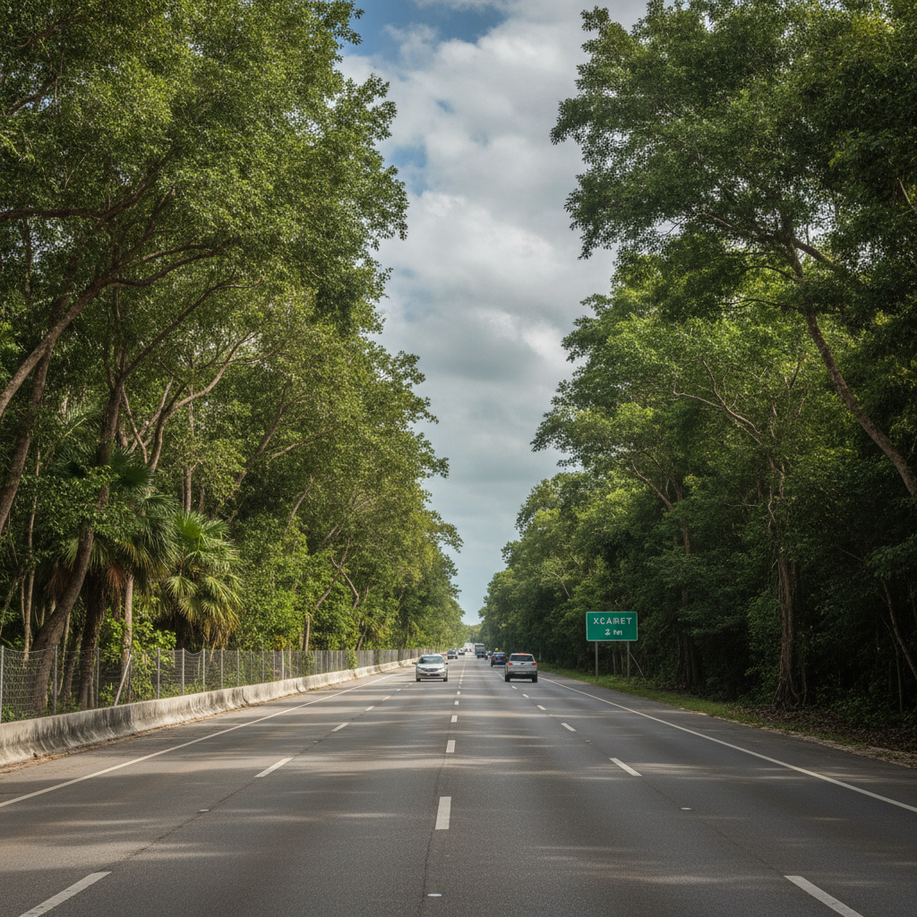 Carretera 307 hacia el sur desde Playa del Carmen rumbo a Xcaret, con selva a ambos lados de la carretera
