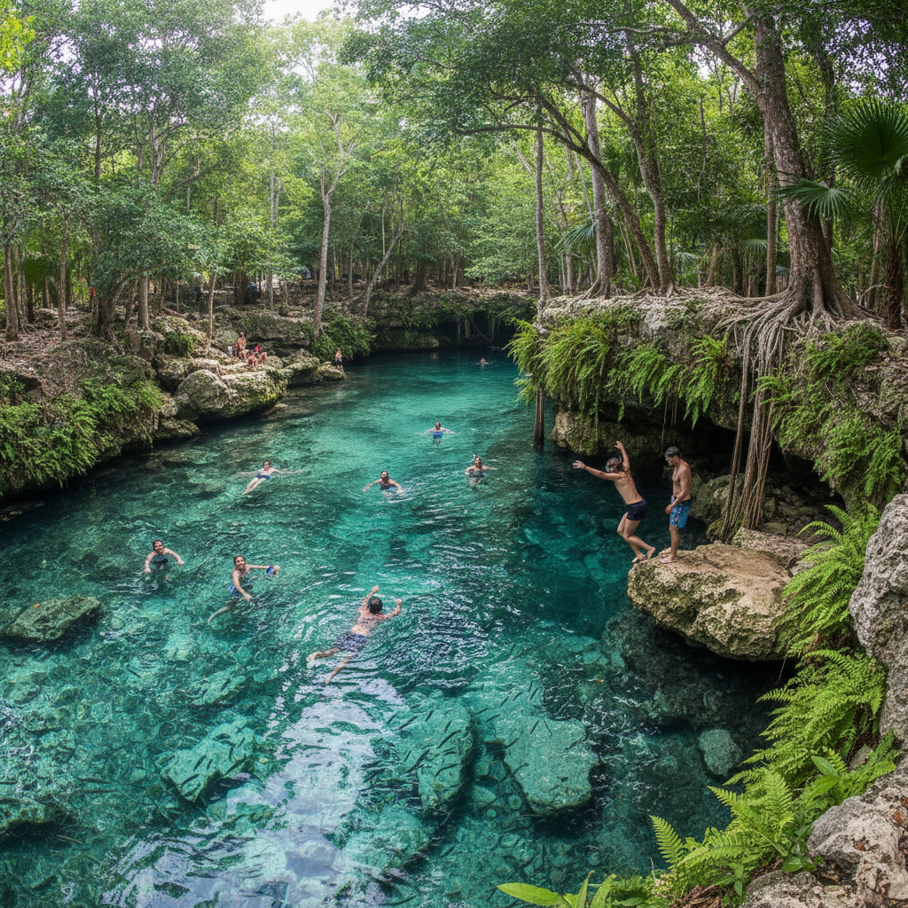 Bañistas en el cenote abierto de Cenote Azul, en la selva al sur de Playa del Carmen, con salientes de piedra caliza y agua cristalina