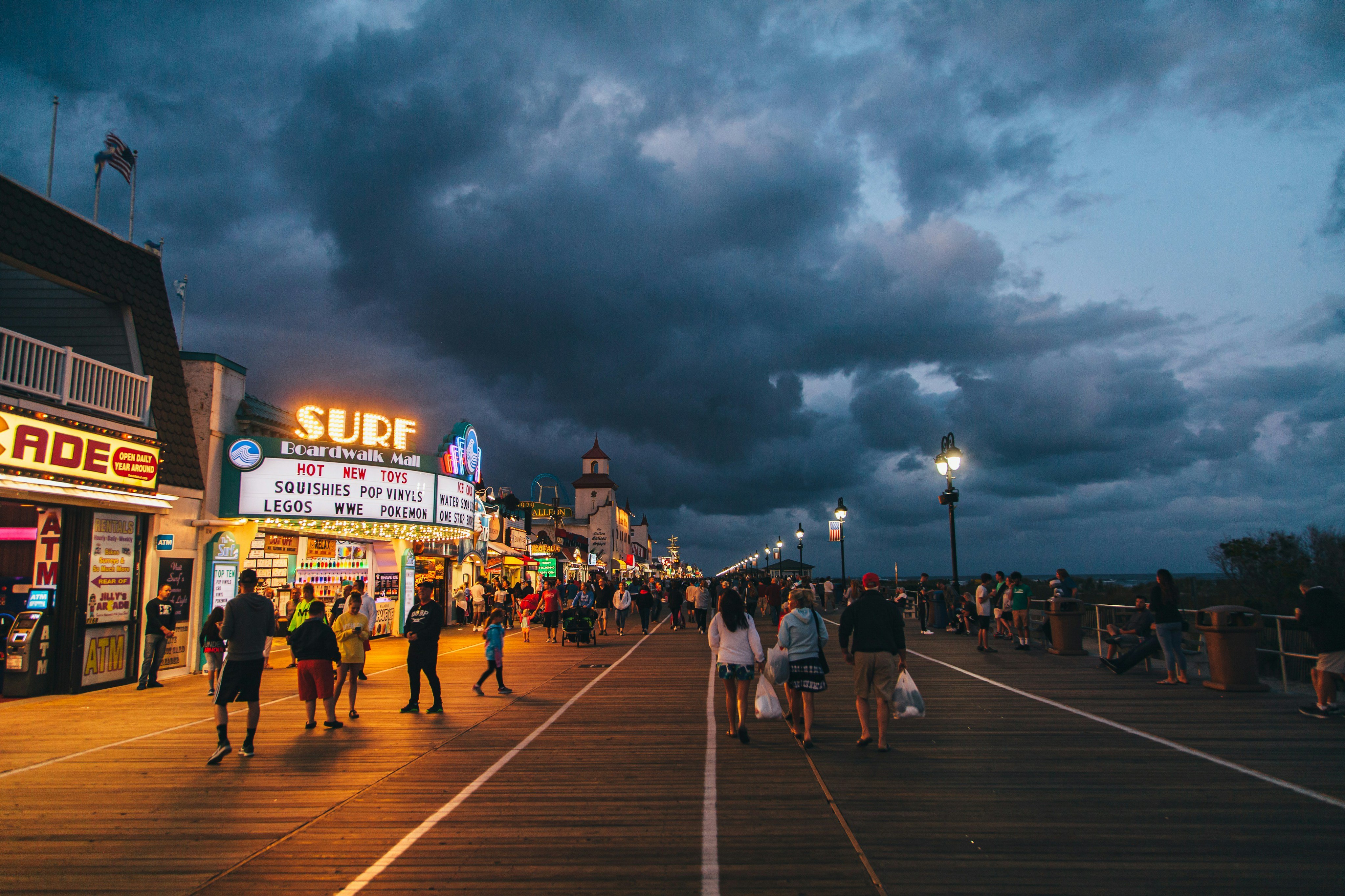 Lively boardwalk at dusk