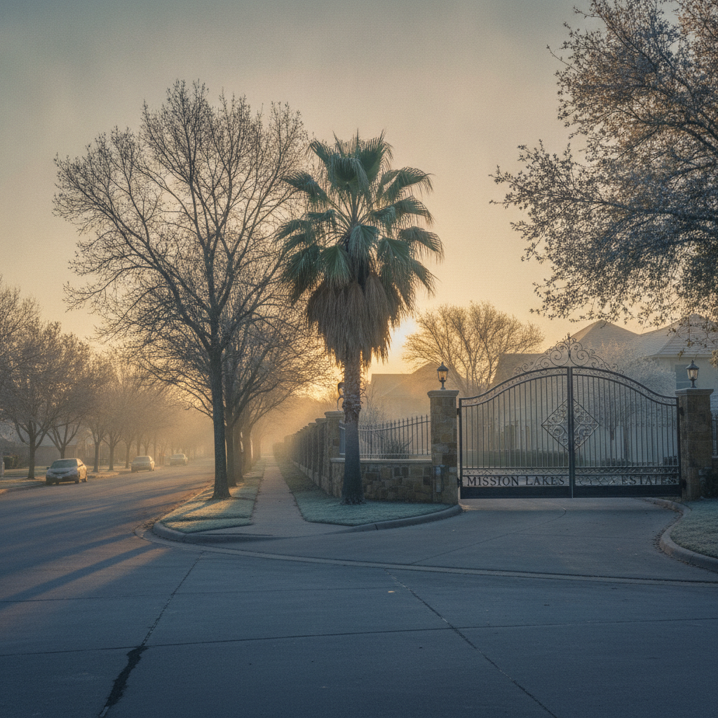 Winter morning light on a residential street in Mission, Texas, with palm trees and a gated subdivision entrance