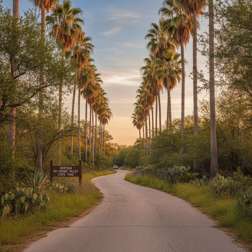 Entrance road into Bentsen-Rio Grande Valley State Park in Mission, Texas, lined with palms and native brush