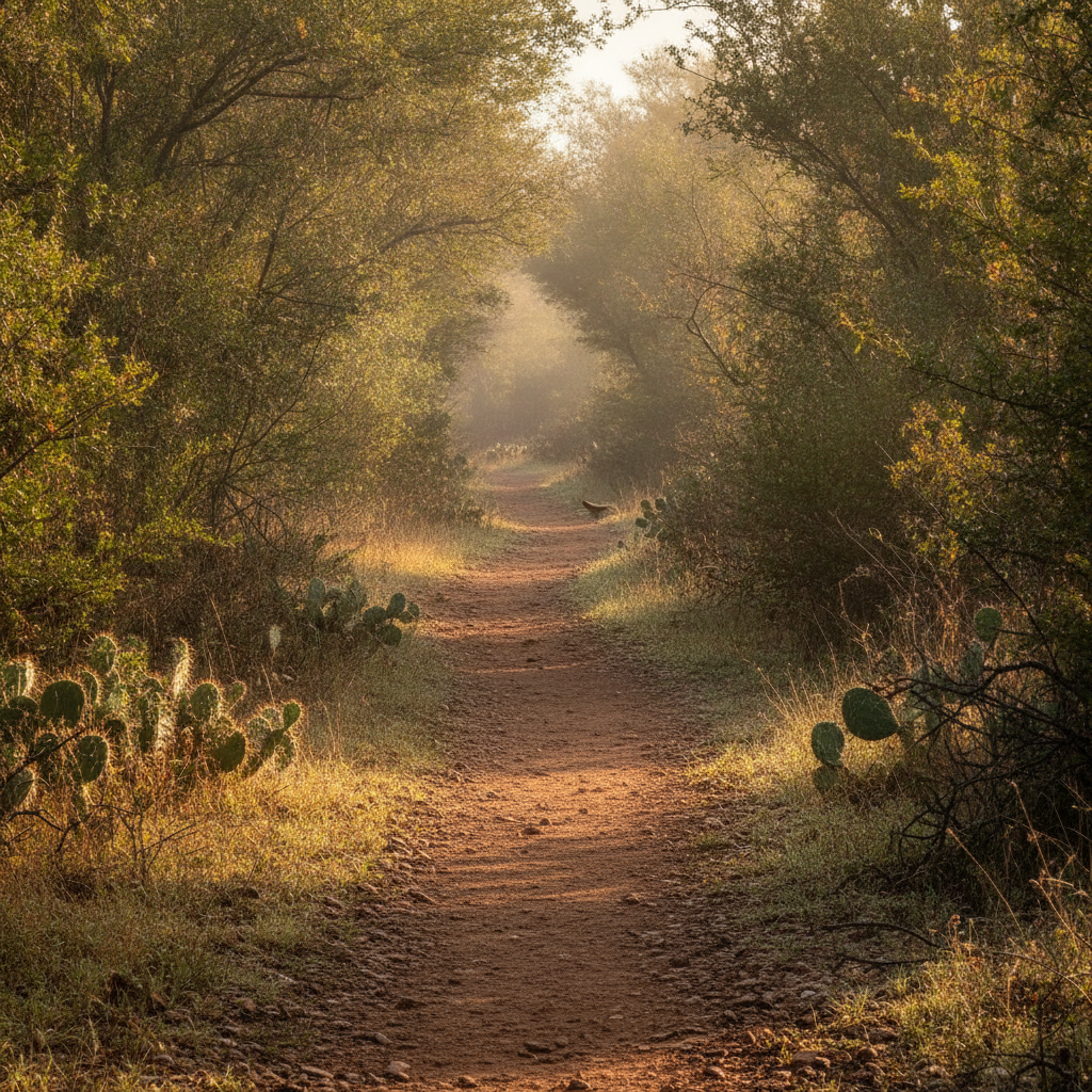 Early morning on a footpath at Bentsen-Rio Grande Valley State Park in Mission, Texas, with native brush on both sides of the trail