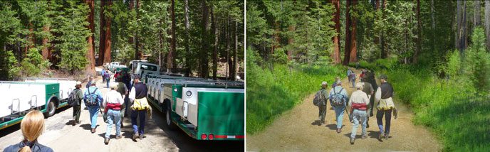 Tram area before project (left). Artist rendering of new trail at same location (right).