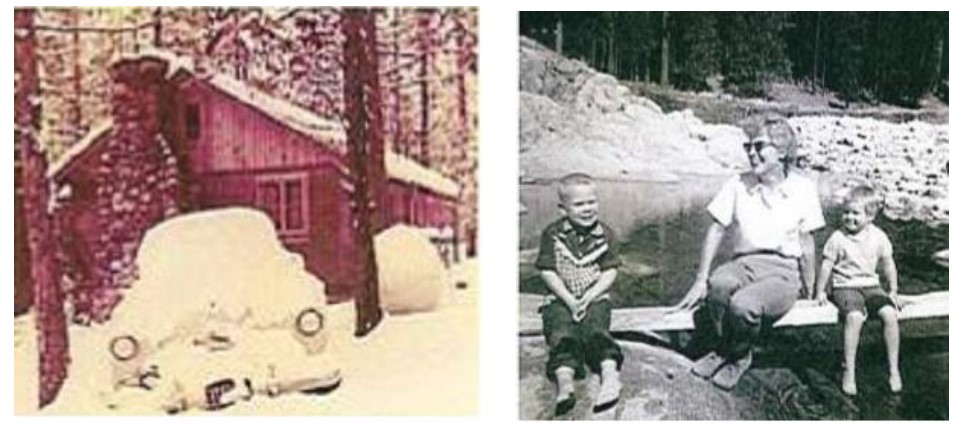 Cabin 24 in snow and kids playing with mother on the river