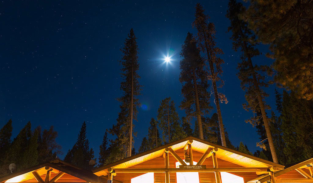 Stars and moon over the Redwoods building in Wawona