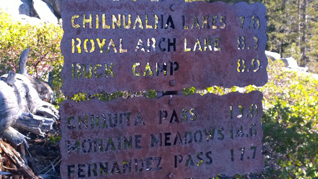 The trail fork sign at the top of Chilnualna Falls