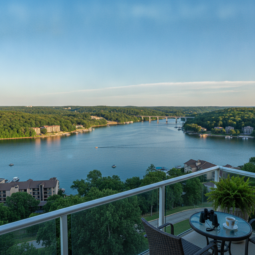Lake Taneycomo at Branson, Missouri, seen from a condo patio on a clear summer morning