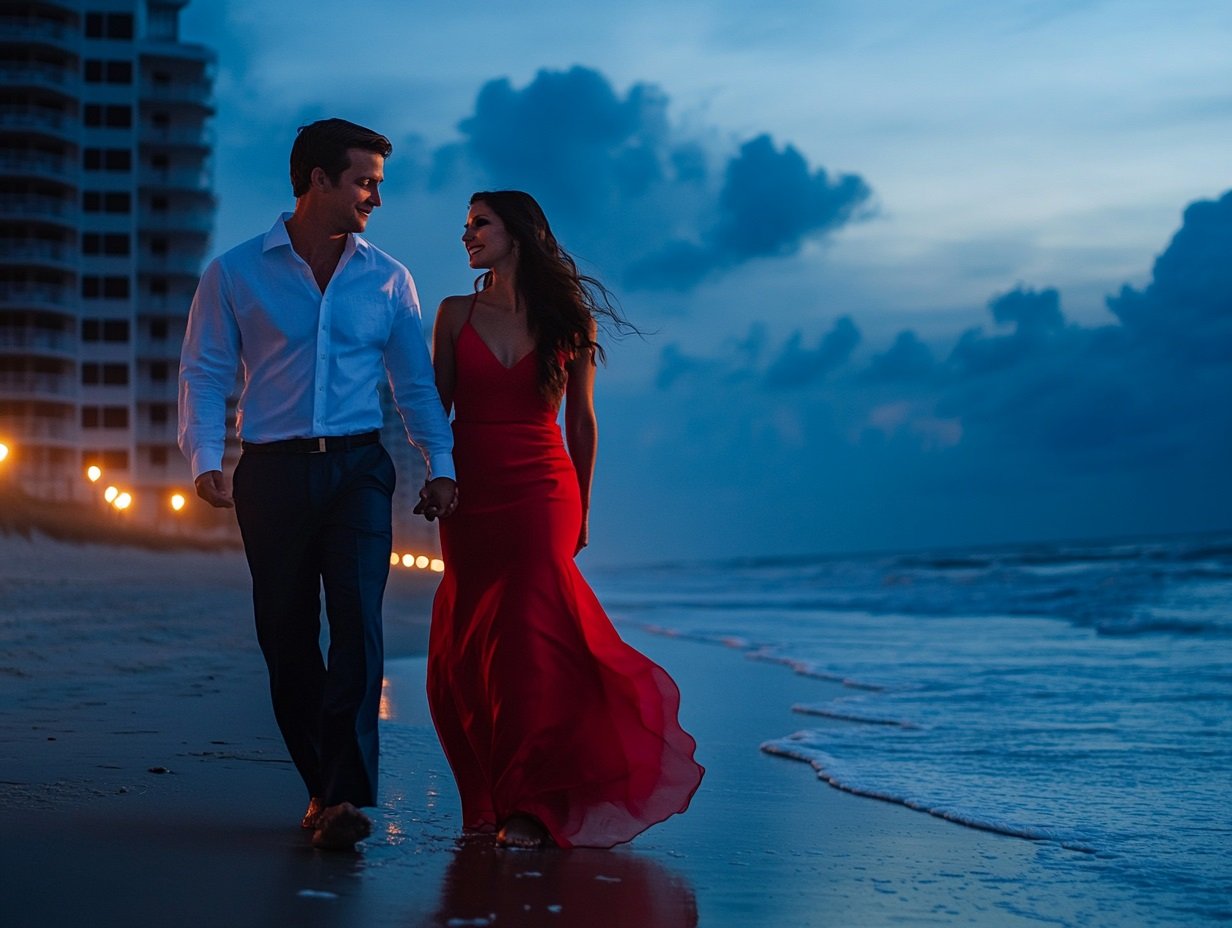 Couple walking hand in hand along the Myrtle Beach shoreline at dusk