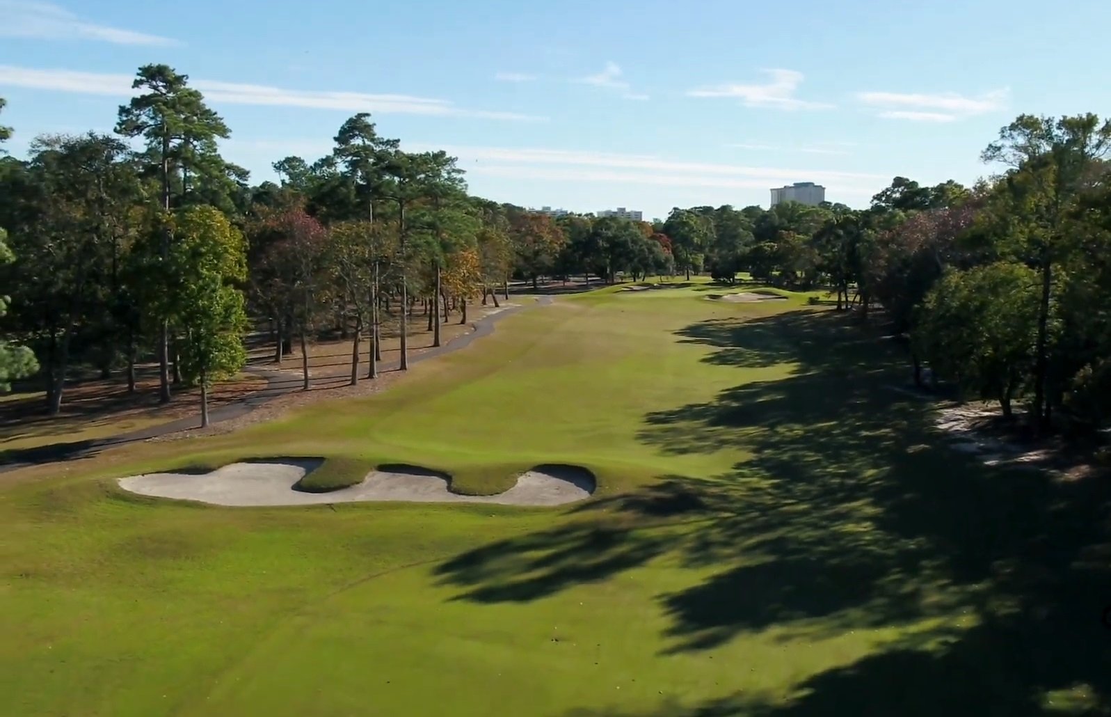 Fairway lined with pines and sand bunkers