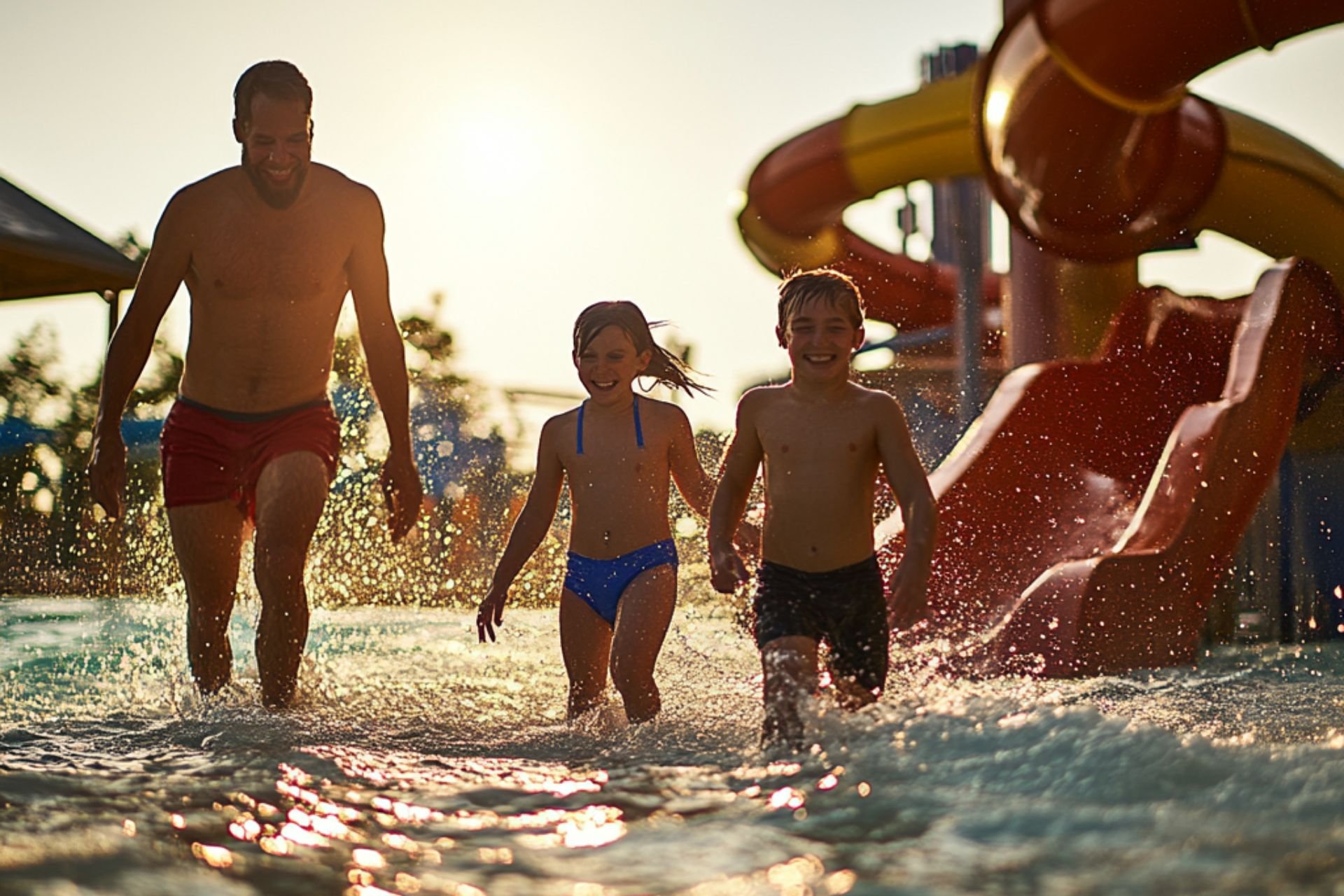 Family running through a water park in the sun